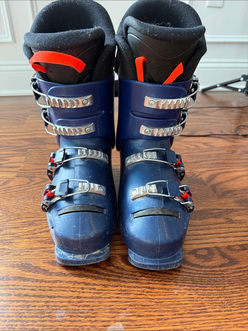 Lange Kids Blue Ski Boots with Orange Pull Tabs